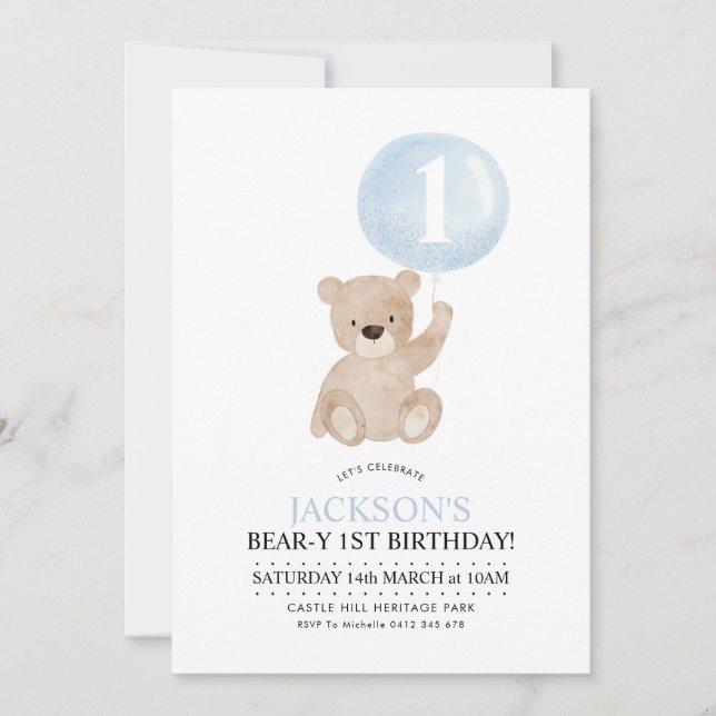 Beary 1st Birthday Bear Blue Balloon Invitation (Front)