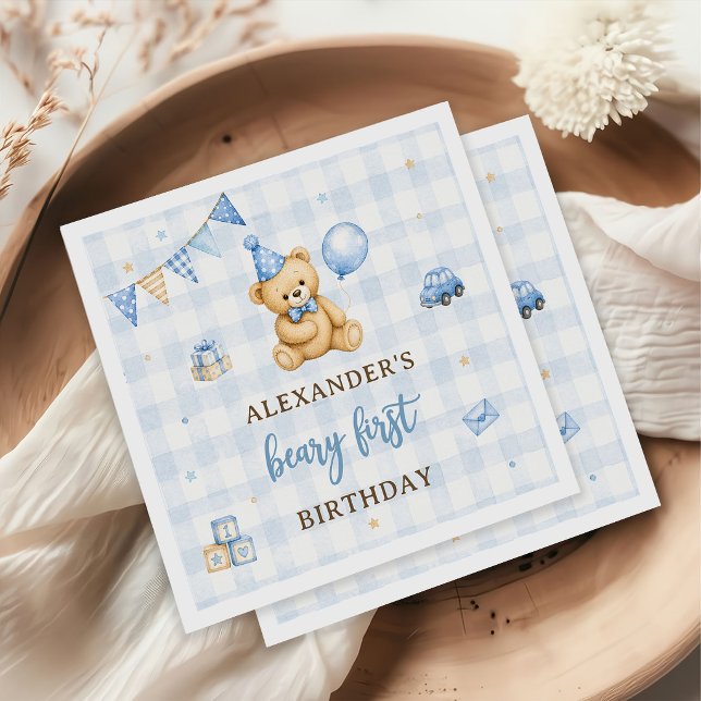 Beary 1st Birthday Bear Blue Balloon Napkin (Creator Uploaded)
