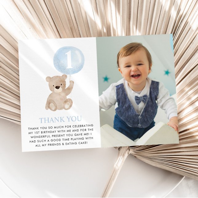 Beary 1st Birthday Bear Blue Balloon Photo Flat Thank You Card (MATCHING 1ST BIRTHDAY ITEMS AVAILABLE)