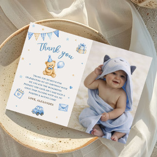 Beary 1st Birthday Bear Blue Balloon Photo Thank You Card