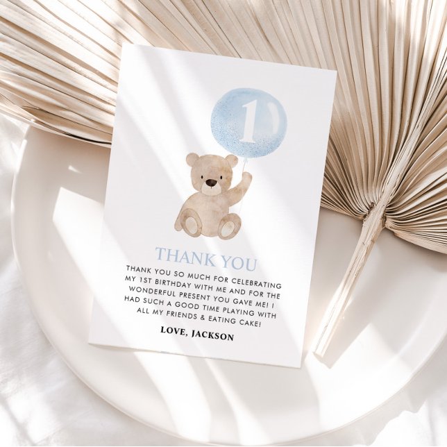 Beary 1st Birthday Bear Blue Balloon Thank You Card (MATCHING 1ST BIRTHDAY ITEMS AVAILABLE)