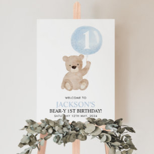 Beary 1st Birthday Bear Blue Balloon Welcome Sign