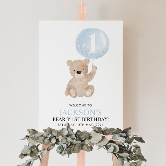 Beary 1st Birthday Bear Blue Balloon Welcome Sign (Creator Uploaded)