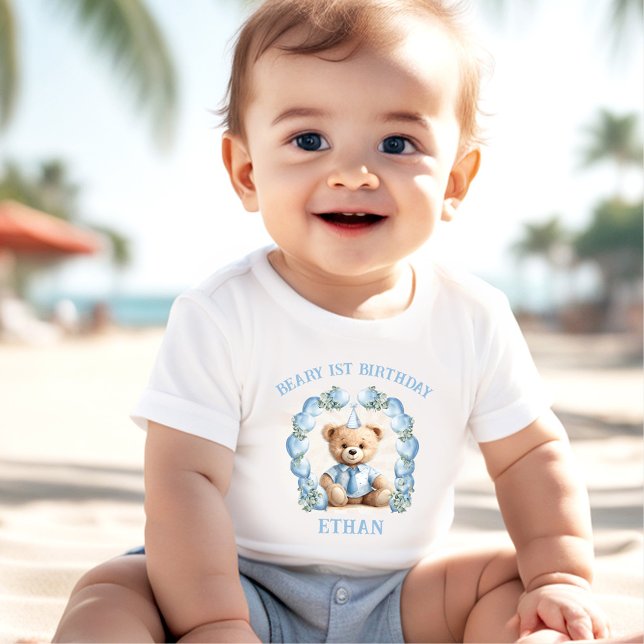 Beary 1st Birthday Bear Blue Beige Baby T-shirt (Beary 1st Birthday Bear Blue Beige Boy Baby T-shirt)
