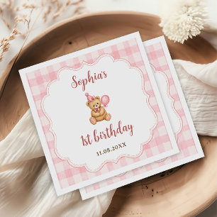 Beary 1st Birthday Bear Pink Balloon Napkin