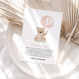 Beary 1st Birthday Bear Pink Balloon Thank You Card