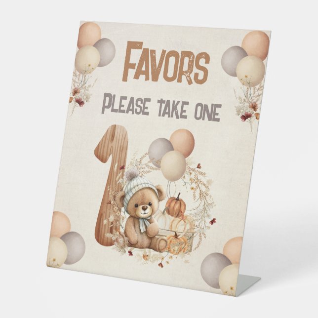Beary 1st Birthday Fall Pumpkins Teddy Bear Pedestal Sign (Front)