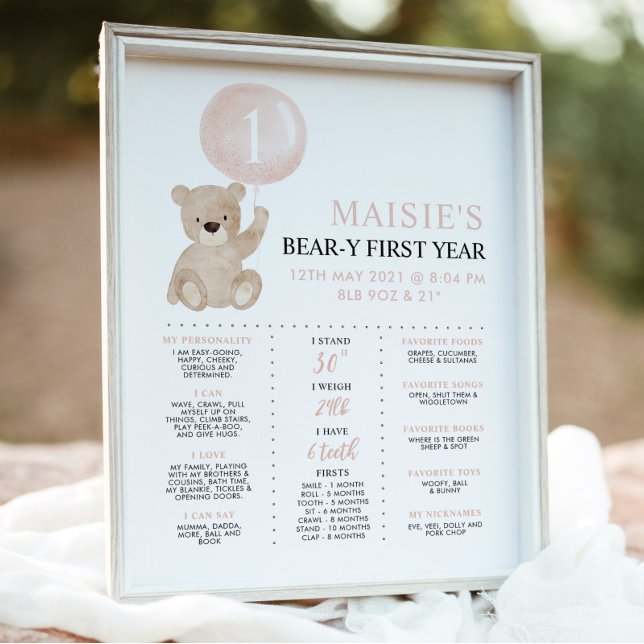 Beary 1st Birthday Milestone Pink Girl Bear Sign (Creator Uploaded)