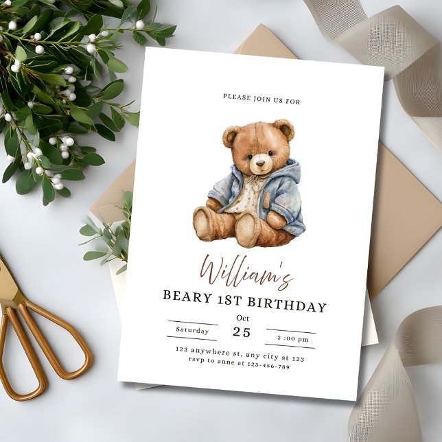 Beary 1st Birthday Teddy Bear Boy Birthday Party Invitation (Creator Uploaded)