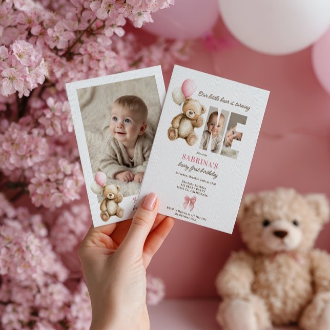Beary 1st Birthday Teddy Bear Photo Pink Balloon Invitation (Beary 1st Birthday Teddy Bear Photo Pink Balloon Invitation)