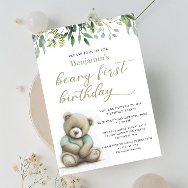 Beary 1st Birthday Watercolor Teddy Bear Leaves Invitation (Creator Uploaded)