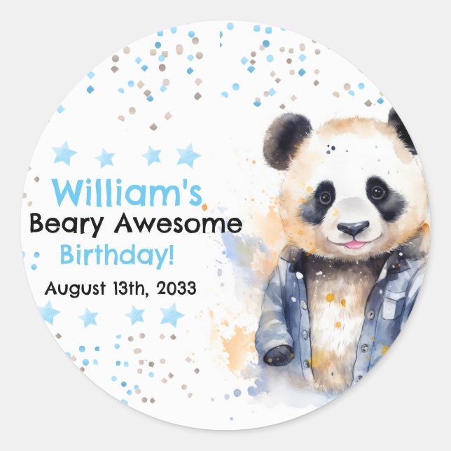 Beary Awesome Boys Watercolor Panda Birthday Classic Round Sticker (Front)