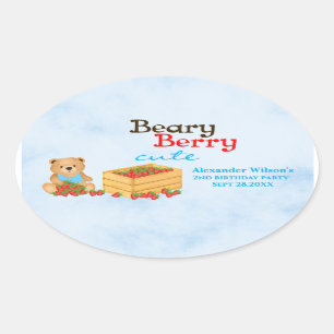 Beary Berry Cute Cub Strawberry Birthday Party Oval Sticker