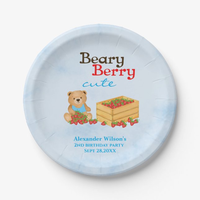 Beary Berry Cute Strawberry Cub Boy Birthday Party Paper Plate (Front)