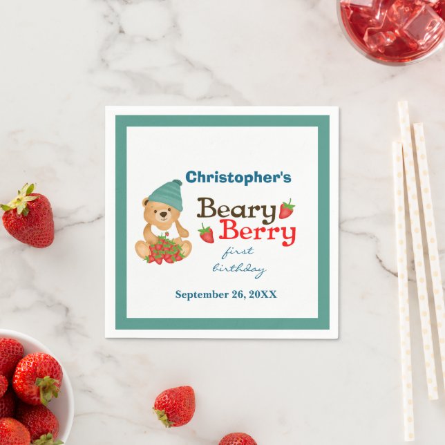 Beary Berry First Birthday Teddy Bear Strawberries Napkin (Insitu)