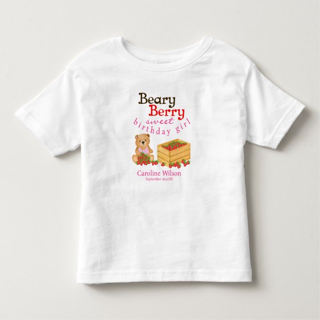 Beary Berry Sweet Cub and Strawberries Birthday Toddler T-Shirt (Front)