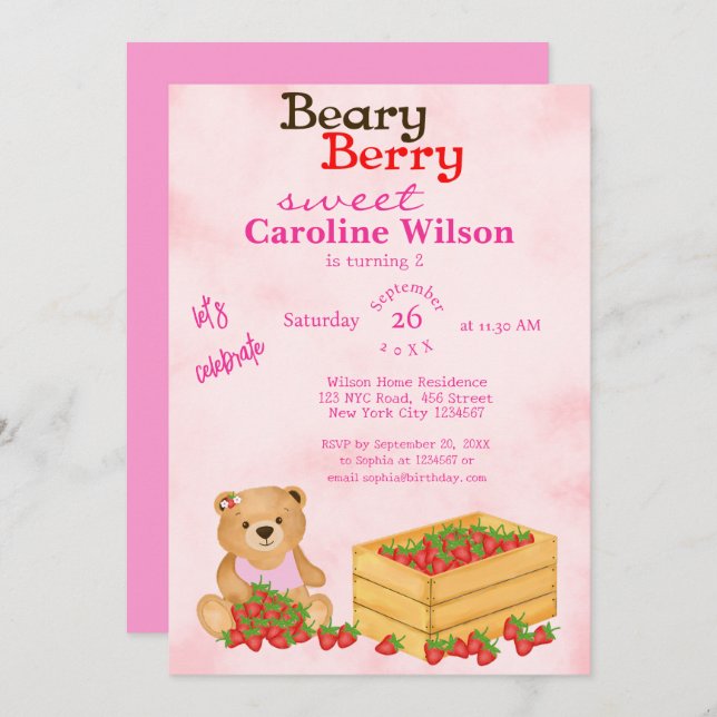 Beary Berry Sweet Pink Cub's Strawberries Birthday Invitation (Front/Back)