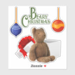 Beary Christmas Custom-Cut Vinyl Stickers<br><div class="desc">This sweet set of stickers is a holiday treat for any child or child at heart. The featured sticker is a brown teddy bear sitting outside of a gift box.  For an accent there are two colourful ornaments and a banner that reads Beary Christmas .</div>