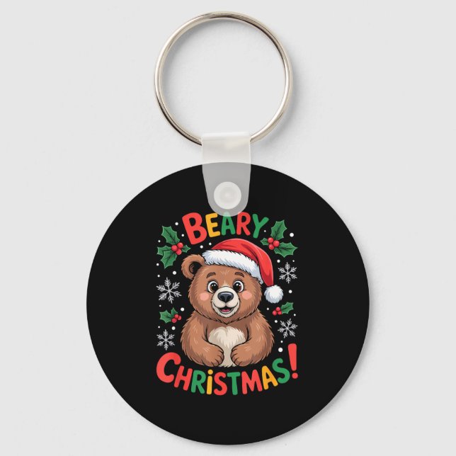 Beary Christmas Cute Bear Santa Funny Holiday  Key Ring (Front)