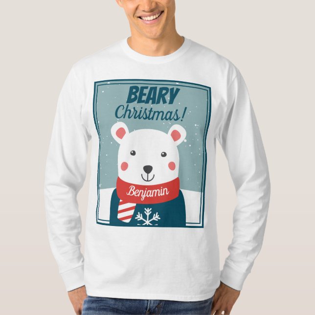 Beary Christmas cute cartoon polar bear with name T-Shirt (Front)