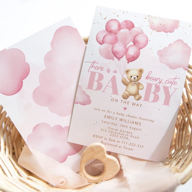 Beary cute baby on the way pink teddy bear balloon invitation (Creator Uploaded)
