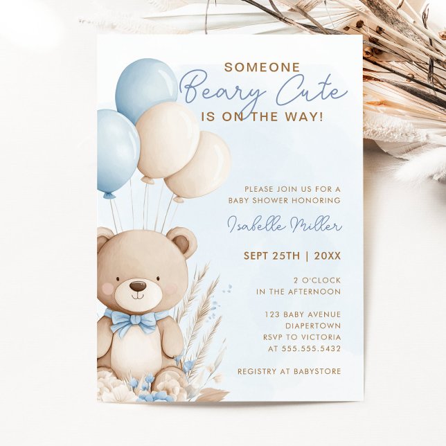 Beary Cute Blue Balloon Teddy Bear Boy Baby Shower Invitation (Creator Uploaded)