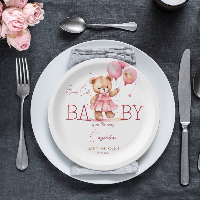 Beary cute girl teddy bear baby shower tableware paper plate (Beary cute teddy bear girl baby shower tableware personalized plates cute teddy with a pink dress)