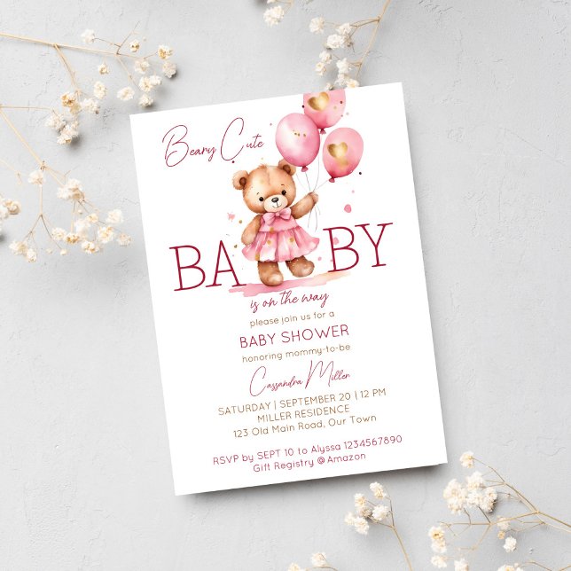 Beary cute girl teddy bear baby shower template (Beary cute girl teddy bear baby shower template invitation digital download teddy bear pink dress)