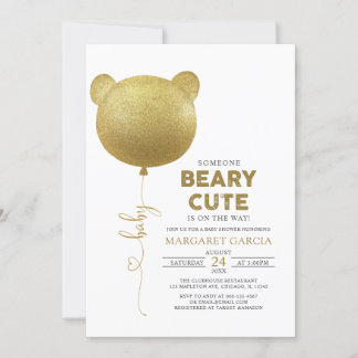 Beary Cute Gold Balloon Teddy Bear Baby Shower Invitation