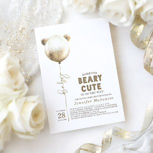 Beary Cute Gold Balloon Teddy Bear Baby Shower Invitation