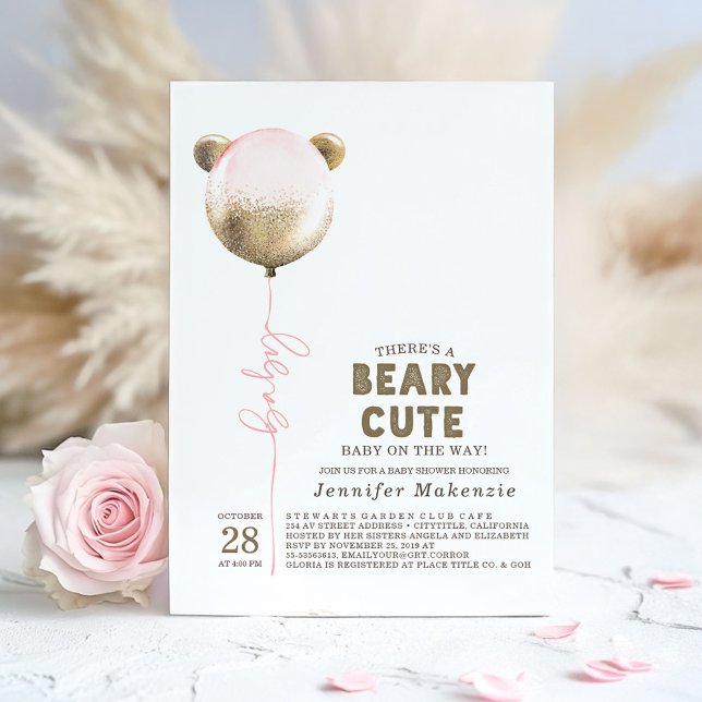 Beary Cute Pink Balloon Teddy Bear Baby Shower Inv Invitation (Bear Baby Shower Invitation)