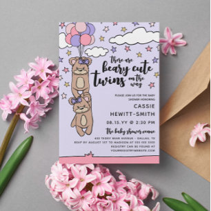 Beary Cute Pink Girl Twins Baby Shower Invitation