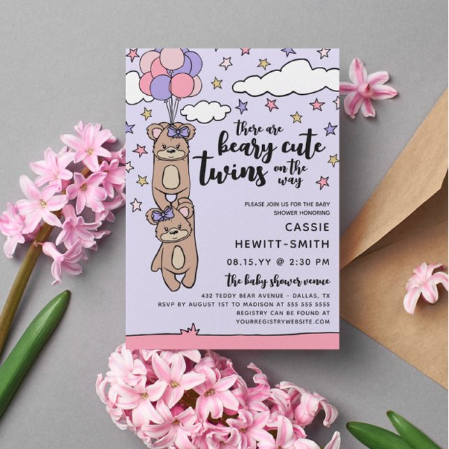 Beary Cute Pink Girl Twins Baby Shower Invitation (Creator Uploaded)