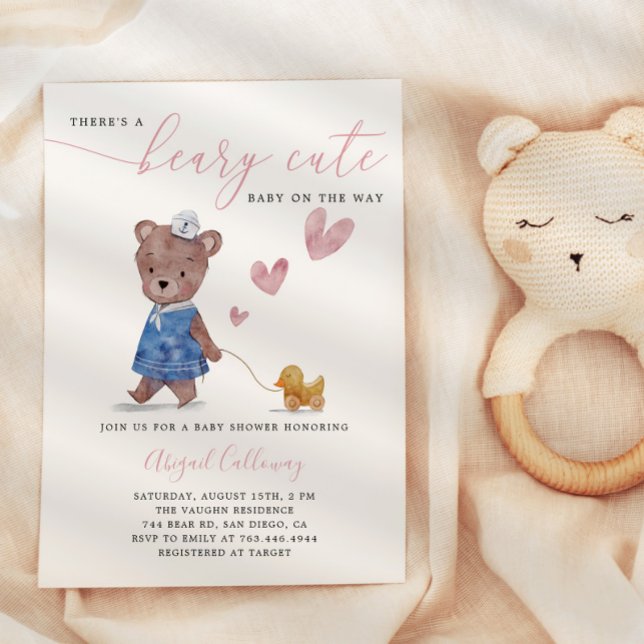 Beary Cute Teddy Bear Girl Baby Shower Invitation (Creator Uploaded)