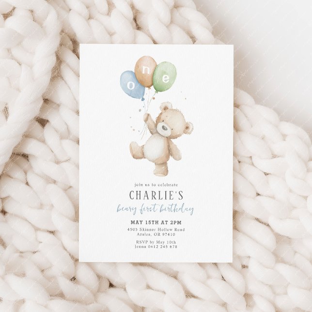Beary First Balloon Boy 1st Birthday Teddy Bear Invitation (Beary first birthday! Blue, orange and green balloon and teddy bear 1st birthday party invitation.)