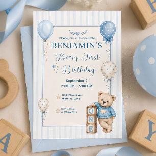 Beary First Birthday Blue Baby Boy 1st Birthday Invitation