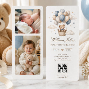 Beary First Birthday Blue Gold Teddy Bear Qr Code  Invitation
