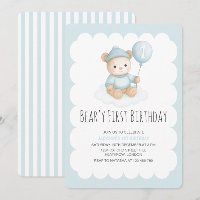 Beary First Birthday Blue Teddy Bear  Invitation (Front/Back)