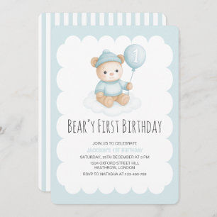 Beary First Birthday Blue Teddy Bear  Invitation