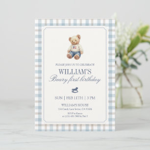 Beary First Birthday Boy Teddy Bear Gingham Invitation