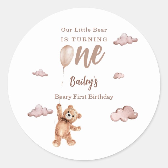 Beary First Birthday Classic Round Sticker (Front)