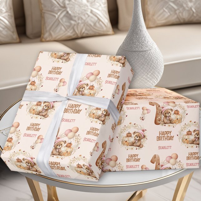 Beary First Birthday Fall Bear Girl 1st Birthday  Wrapping Paper (Beary First Birthday Fall Bear Girl 1st Birthday Wrapping Paper)