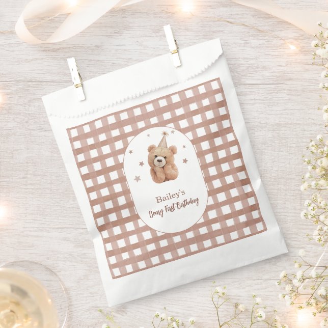 Beary First Birthday Gingham Favour Bags (Clipped)