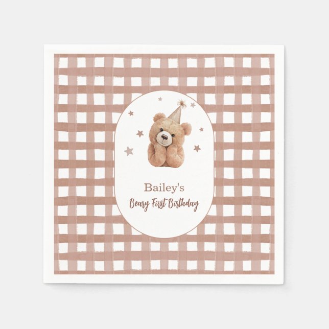 Beary First Birthday Gingham Napkin (Front)