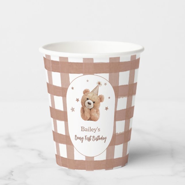 Beary First Birthday Gingham Paper Cups (Front)