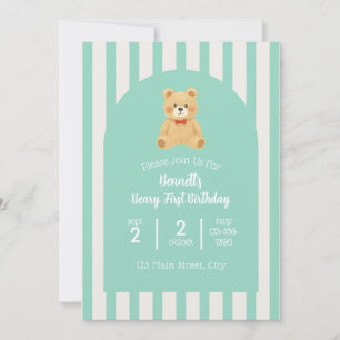 Beary First Birthday Invitation   Teal