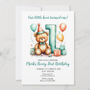 Beary First Birthday Invite, Cute Bear 1st invite