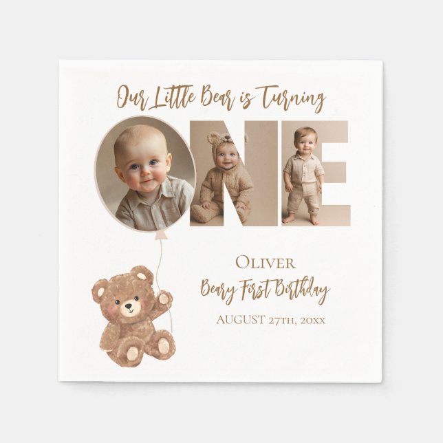 Beary First Birthday Little Bear Photo Napkin (Front)