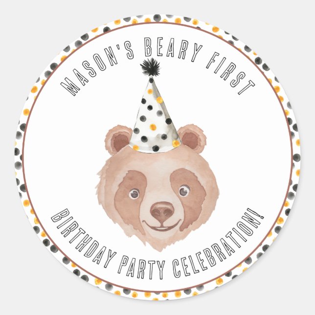 Beary First Birthday Party Sticker – Teddy Bear  (Front)