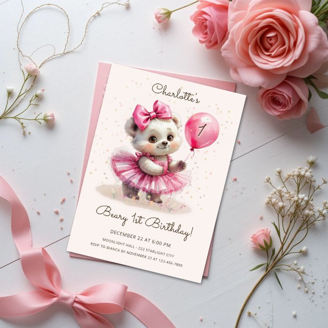 Beary First Birthday Pink Ballerina Bear Invitation (Creator Uploaded)